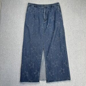Vintage Telluride Skirt Womens 12 Blue Denim Maxi Star Print Front Slit Y2K 90s